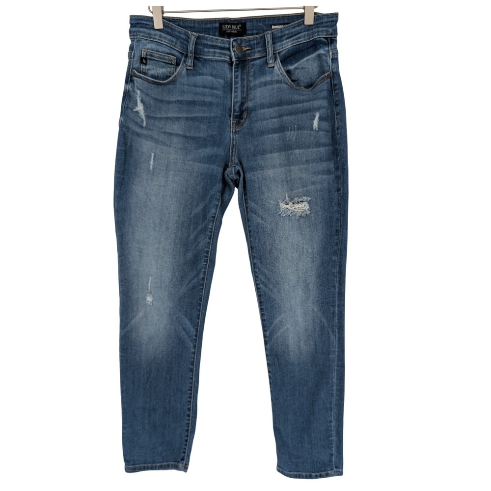 Judy Blue Boyfriend Jeans Women 9/29 Blue Distressed Mid Rise Stretchy Boho Chic